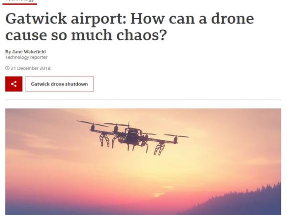Screenshot of BBC article Gatwick airport: How can a drone cause so much chaos?
